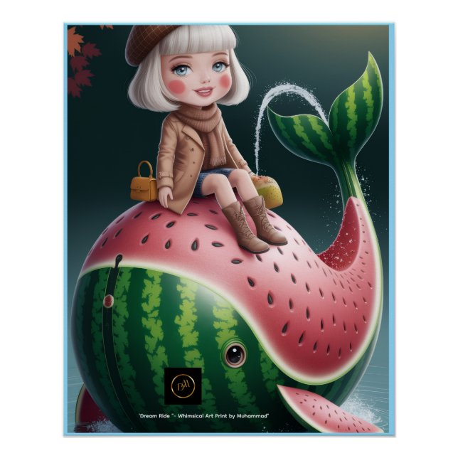 Dream Ride – Cute Girl on Watermelon Whale Fantasy Poster (Vorderseite)