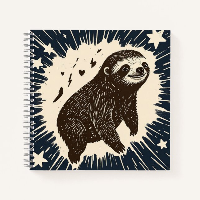 Dream Sloth - Starry Night in Linocut Lines Notizbuch (Vorderseite)
