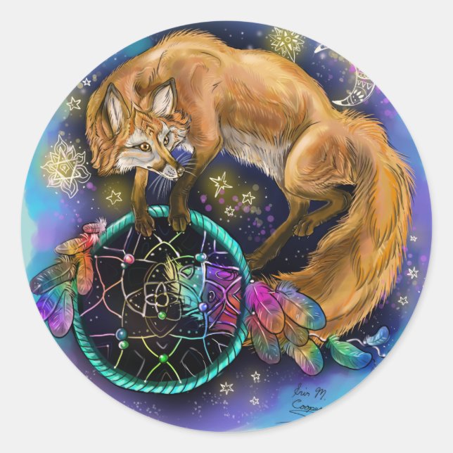 DreamCatcher Fox Runder Aufkleber (Vorderseite)
