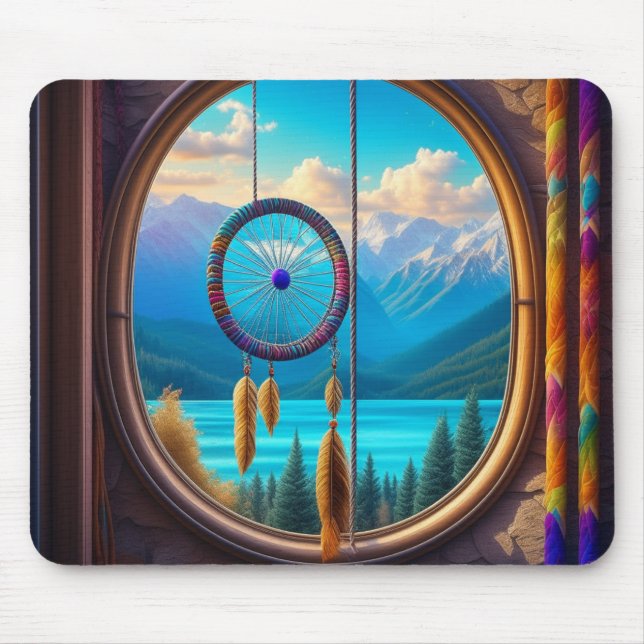 Dreamcatcher im Fenster mit Blick auf die Berge Mousepad (Vorne)