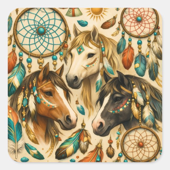 Dreamcatcher-Ponys Quadratischer Aufkleber (Vorderseite)