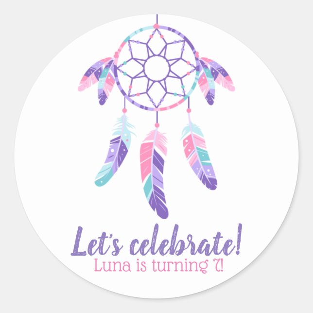 Dreamcatcher rosa lila aquamariner Kindergeburtsta Runder Aufkleber (Vorderseite)