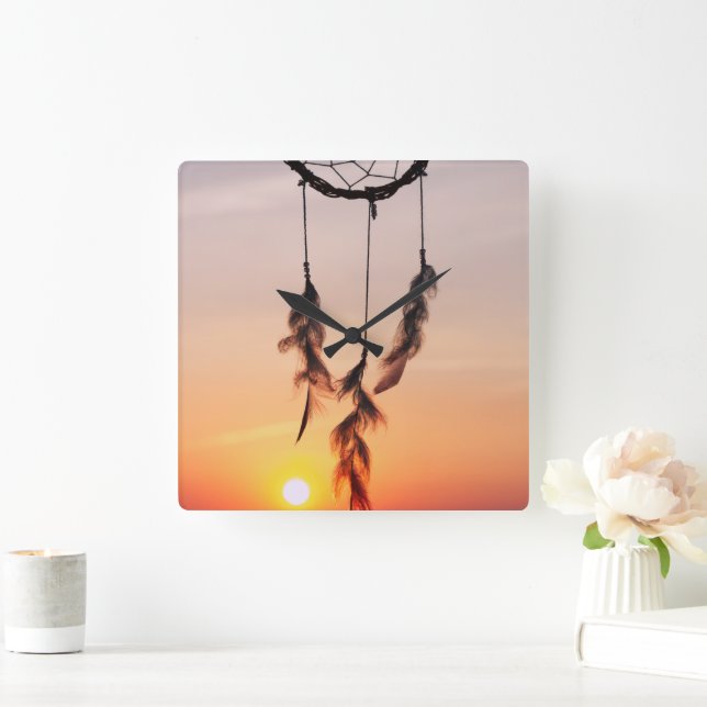 Dreamcatcher, Sunset, Yoga, Indian Amulet, Orange, Quadratische Wanduhr (Zuhause)