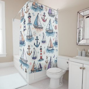 Dreame Skizzen von Sailboats Anchors & Lighthouses Duschvorhang