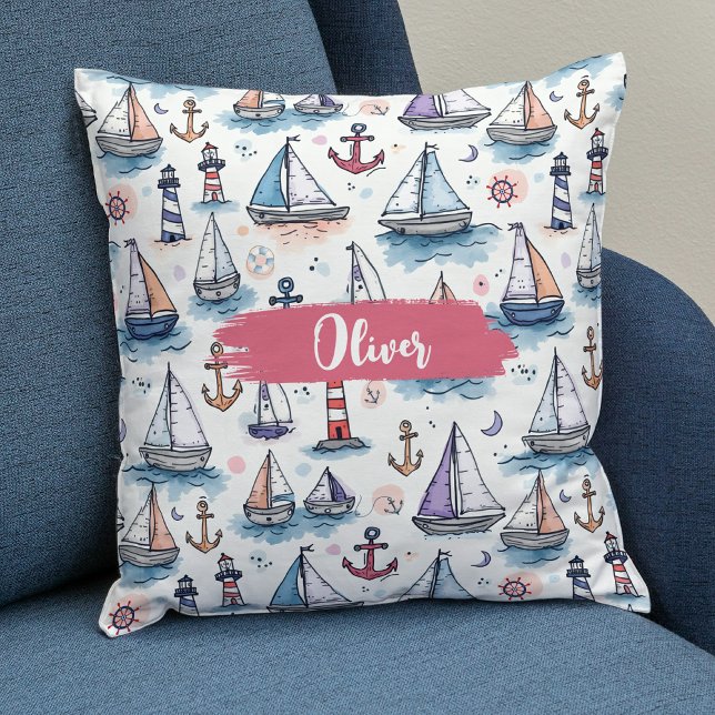 Dreame Skizzen von Sailboats Anchors & Lighthouses Kissen (Von Creator hochgeladen)