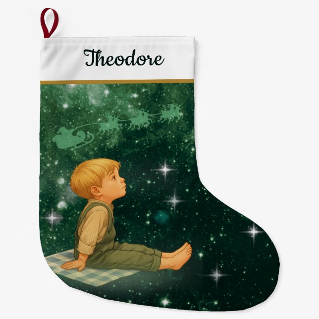 Dreaming Boy Christmas Stocking – Green Silver Großer Weihnachtsstrumpf (Vorderseite)