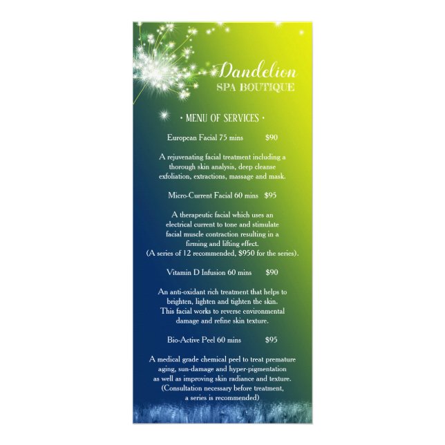Dreaming Dandelion Massage Wellness-Center Preisli Werbekarte (Vorne)