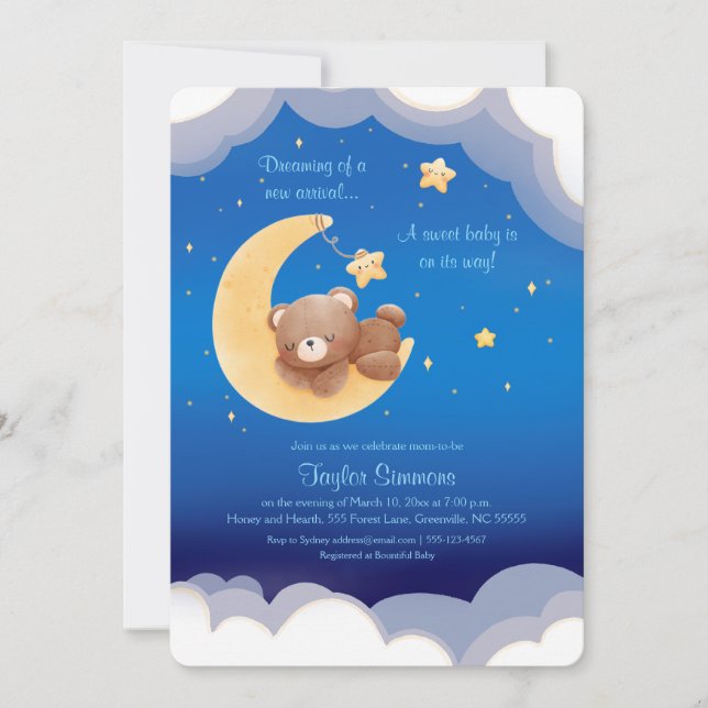 Dreaming New Arrival Bear Night Sky Baby Shower Einladung (Vorderseite)