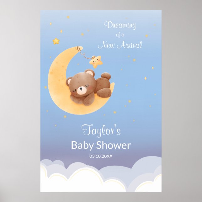 Dreaming Teddy Bear Moon Soft Blue Baby Shower Poster (Vorne)