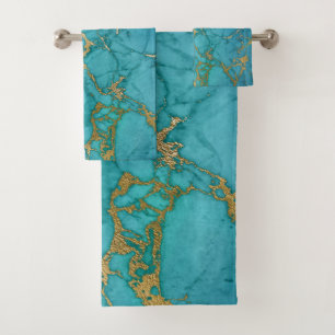 DREAMIT BLUE AQUA GOLD MARBLE 2 BADEZIMMER TOWEL S BADHANDTUCH SET