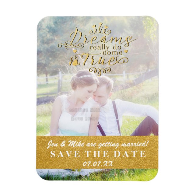 DREAMS WERDEN WAHREN Gold Save the Date Foto Magne Magnet (Vertikal)