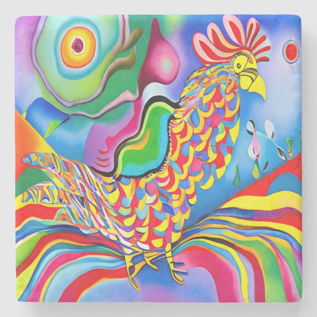"Dreamscape Bird". Ein SQ-surreal abstrakter Hahn Steinuntersetzer (Vorderseite)