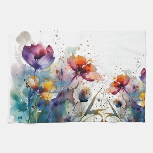 Dreamscape Garden: Abstrakte Aquarellfarben Blume Geschirrtuch (Horizontal)