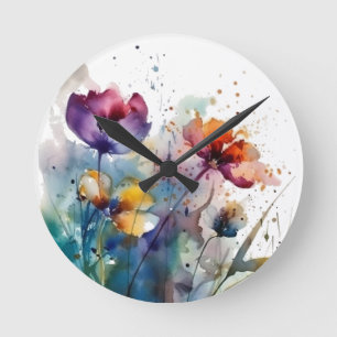 Dreamscape Garden: Abstrakte Aquarellfarben Blume Runde Wanduhr