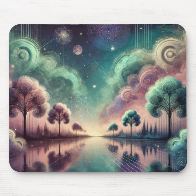 Dreamscape Swirling Bäume kosmische Reflektionen Mousepad (Vorne)