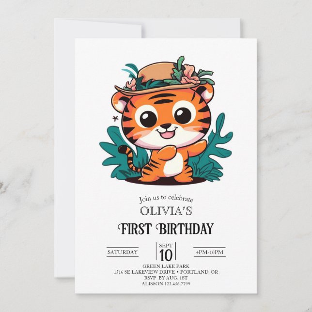 Dreamy Adorable Tiger 1. Geburtstag digital Einladung (Vorderseite)