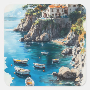 Dreamy Amalfi Küste: Design der Aquarellmalerei Quadratischer Aufkleber