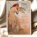 Dreamy Art Nouveau Wedding Menu Card<br><div class="desc">Diese exquisite Jugendstil-Hochzeitskarte bringt Ihnen einen ruhigen, naturlich inspirierten Charme. Das Design besticht durch eine ruhige Frau, die mit einer Krone roter Blüten geschmückt ist. Sie sitzt friedlich am Ufer mit fließenden Ästen und weichem Blattwerk. Die sanfte Farbpalette sanfter Blues, warmer Beige und gedämpfter Grüntöne verleiht dieser Karte eine traumhafte,...</div>