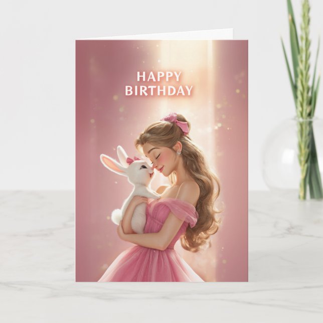 Dreamy Bday Card With Pretty Girl & Cute Bunny Karte (Vorderseite)