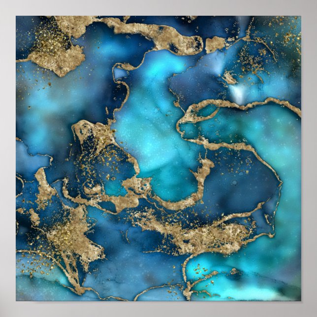 Dreamy Blue Aquamarin und Gold Poster (Vorne)