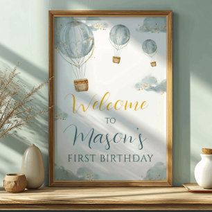 Dreamy Blue Balloon First Birthday Boy Glitzer Poster