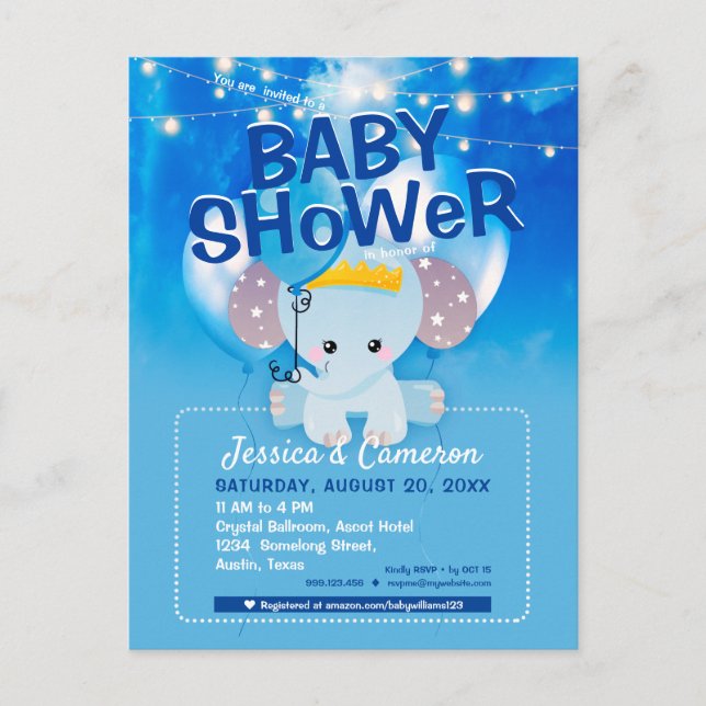 Dreamy Blue Balloons Baby Elephant Baby Shower Postkarte (Vorderseite)