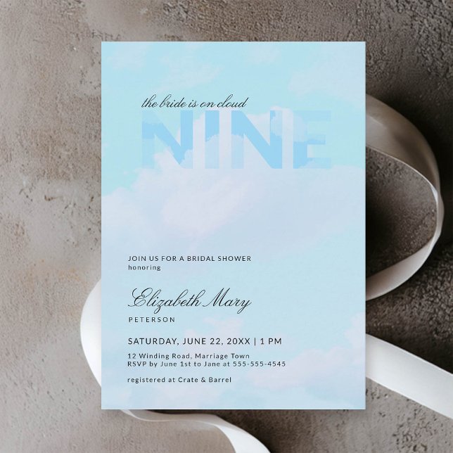 Dreamy Blue Cloud 9 Modernes, elegantes Brautparty Einladung (cloud 9 bridal shower invitation dreamy romantic pastel blue clouds sky modern calligraphy elegant)
