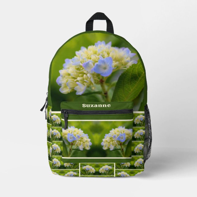 Dreamy Blue Hydrangea Blume Personalisiert Bedruckter Rucksack (Vorderseite)