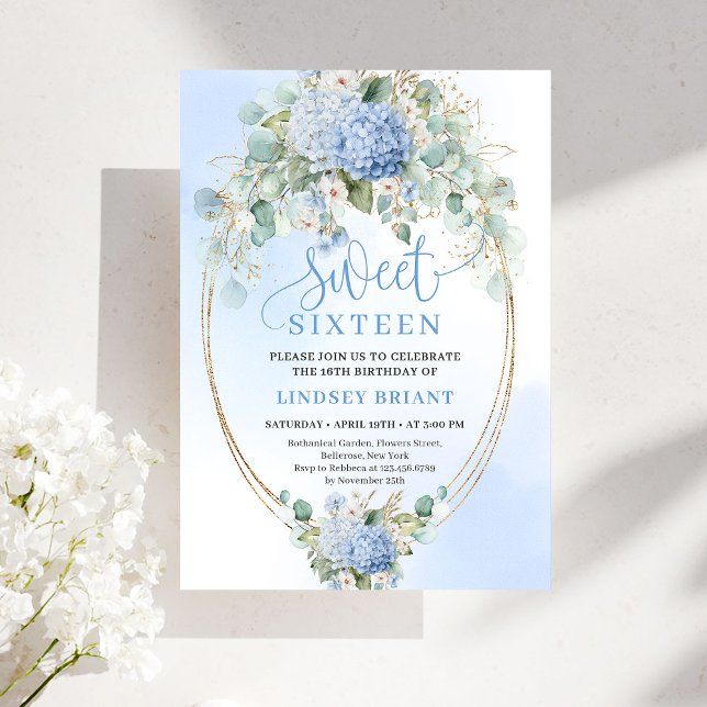 Dreamy Blue Hydrangeas Gold Sweet Sixteen Invite Einladung (Dreamy Blue Hydrangeas Gold Sweet Sixteen Invitation)