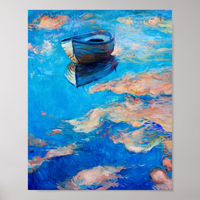 Dreamy Blue Impressionist Boat Reflection Poster (Vorne)