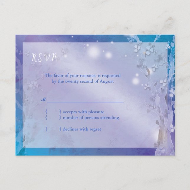 Dreamy Blue Tree Wedding RSVP Einladungspostkarte (Vorderseite)