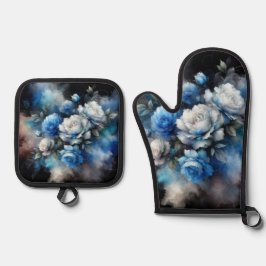 Dreamy Blue und White Roses Ofenhandschuh & Topflappen-Set