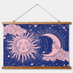 Dreamy Blue Vintag Celestial Pink Sun & Moon Wandteppich Mit Holzrahmen