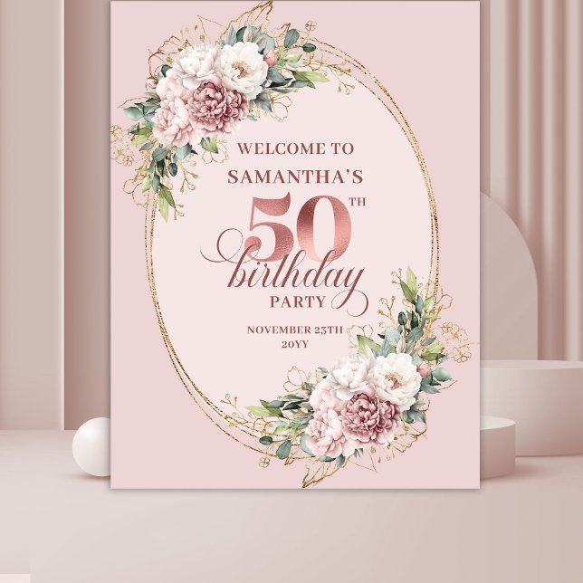 Dreamy Blush Floral 50th Birthday Photo Backdrop Wandteppich (Dreamy Blush Floral 50th Birthday Photo Backdrop)