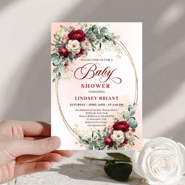 Dreamy Bohemian Deep Red Floral Baby Shower Einladung (Dreamy Bohemian Deep Red Floral Baby Shower)