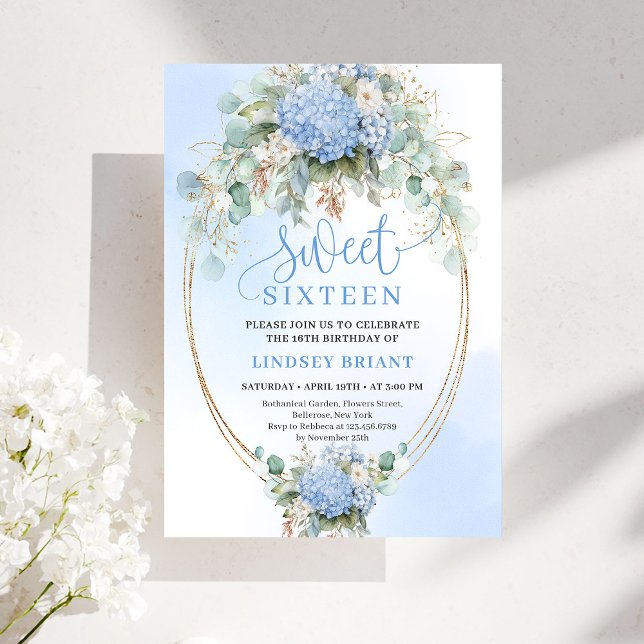 Dreamy Boho Blue Hydrangea Gold Sweet Sixteen Einladung (Dreamy Boho Blue Hydrangea Gold Sweet Sixteen)