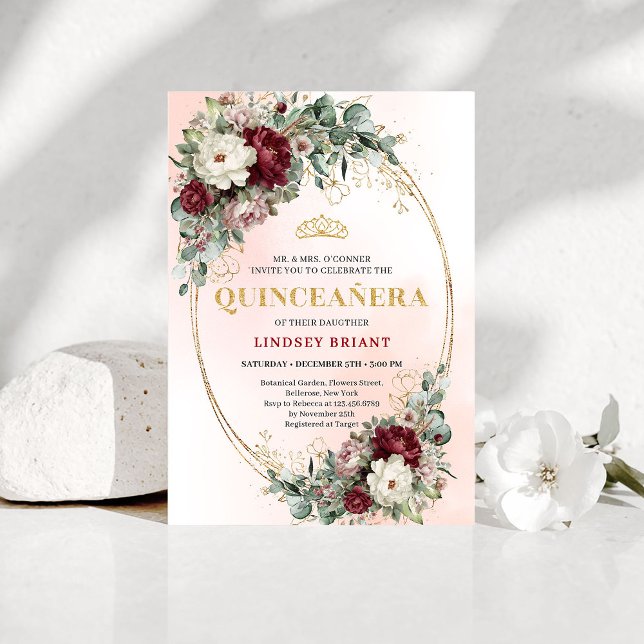 Dreamy Boho Burgundy Floral Eucalyptus Gold Quince Einladung (Dreamy Boho Burgundy Floral Eucalyptus Quince Invite)