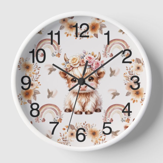 Dreamy Boho Highland Cow Kinderzimmer Uhr (Vorderseite)