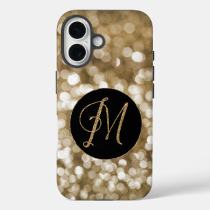 Dreamy Bokeh Gold Glitzer Letter M Monogram Black iPhone 16 Hülle