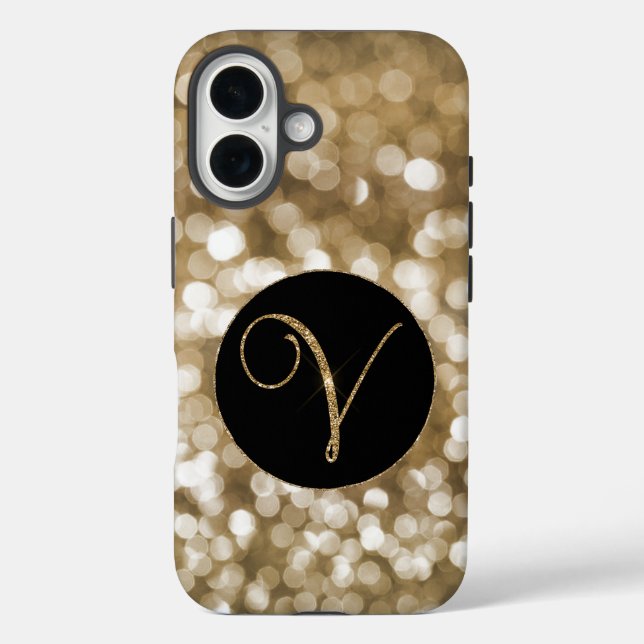 Dreamy Bokeh Gold Glitzer Letter V Monogram Black Case-Mate iPhone Hülle (Rückseite)