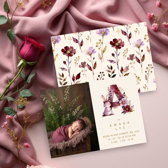 Dreamy Bunny A Initial Gold Glitter Newborn Ankündigung (Dreamy Funny Bunny Romantic Floral A Initial in Burgundy & Gold Glitter Effect for Newborn Photo.)