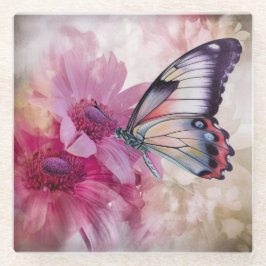 Dreamy Butterfly mit rosafarbenen Blume Glasuntersetzer