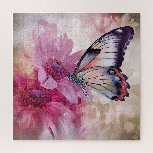 Dreamy Butterfly mit rosafarbenen Blume Puzzle (Vertikal)