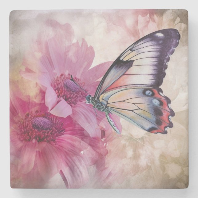Dreamy Butterfly mit rosafarbenen Blume Steinuntersetzer (Vorderseite)