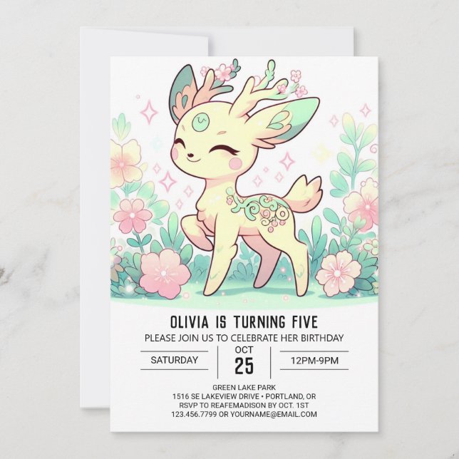 Dreamy Cartoon Deer Digital Geburtstag Einladung (Vorderseite)