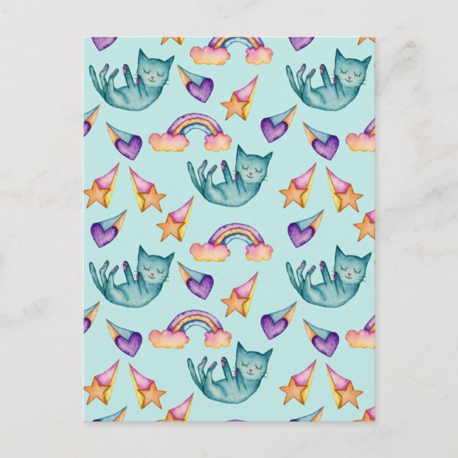 Dreamy Cat Floating in the Sky Watercolor Pattern Postkarte (Vorderseite)