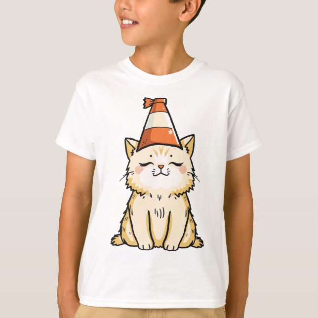 Dreamy Cat mit Traffic Cone Hat T-Shirt (Vorderseite)