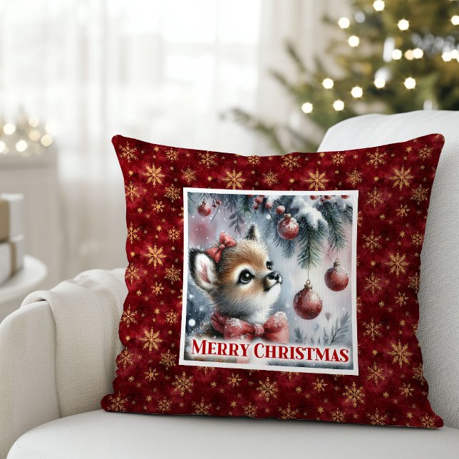 Dreamy Christmas scene baby fawn cozy winter kids  Kissen (Dreamy Christmas scene baby fawn cozy winter kids decor)