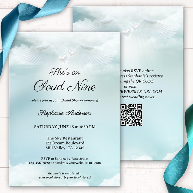 Dreamy Cloud Nine Brautparty Einladung (A dreamy bridal shower invitation featuring fluffy clouds on a pastel blue sky with angel wings)