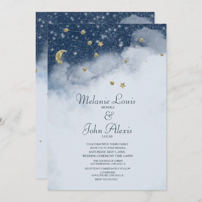 Dreamy Clouds Constellation Gold Foil Wedding Einladung (Vorne/Hinten)